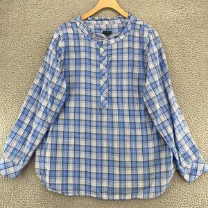 Talbots Top Womens 1X Plus Blue Plaid Ruffle Neck 1/2 Button Popover Long Sleeve
